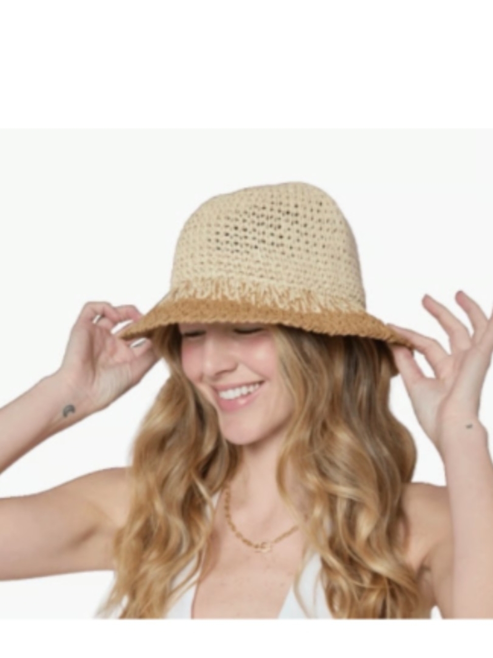 Eugenia Kim Two-Tone Crochet Bucket Hat in Cream and Tan